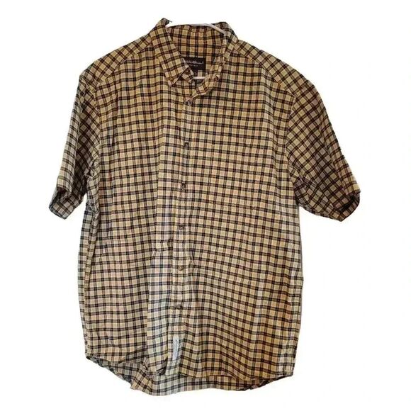 𝅺Eddie Bauer Men's Yellow/Blue Mini Plaid Short Sleeve - Picture 1 of 10